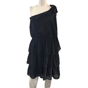 Grace Karin Dress 2XL Black One Shoulder Ruffle Tiered Swiss Dot Whimsigoth Chic